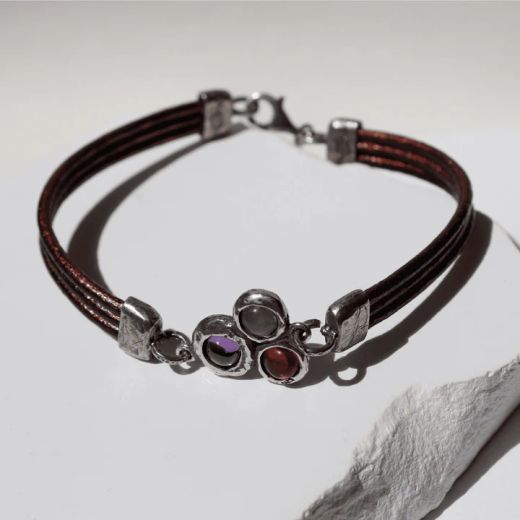 WB540X Pulsera Plata de Palo cuero de mujer Satori centro de plata 925 con rubí, rosa, y amatista