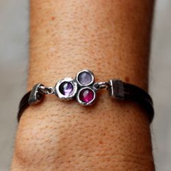 WB540X Pulsera Plata de Palo cuero de mujer Satori centro de plata 925 con rubí, rosa, y amatista