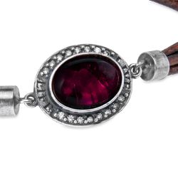 WB560X Pulsera Plata de Palo de cuero mujer modelo Kurai con centro de plata 925 piedra granate y circonitas, cierre de mosquetón