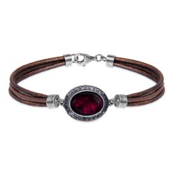 WB560X Pulsera Plata de Palo de cuero mujer modelo Kurai con centro de plata 925 piedra granate y circonitas, cierre de mosquetón