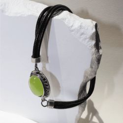 WB564X Pulsera PLATA DE PALO Mujer de cuero Sei con plata 925 y piedra verde