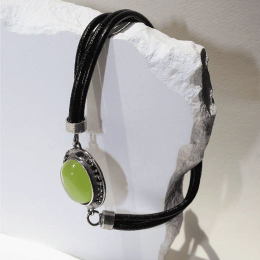 WB564X Pulsera PLATA DE PALO Mujer de cuero Sei con plata 925 y piedra verde