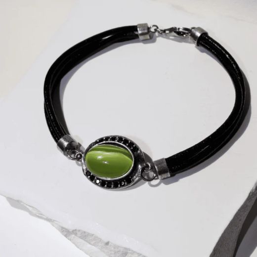 WB564X Pulsera PLATA DE PALO Mujer de cuero Sei con plata 925 y piedra verde