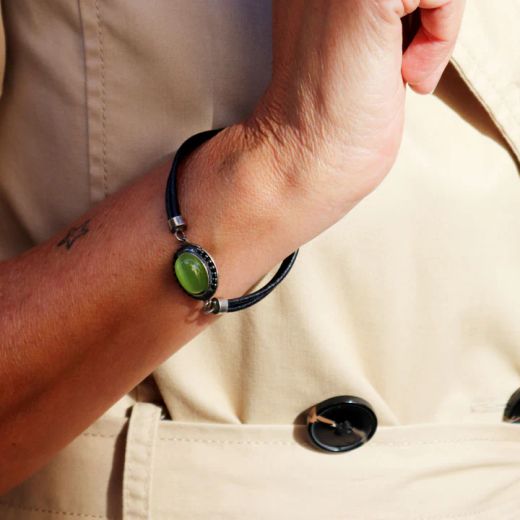 WB564X Pulsera PLATA DE PALO Mujer de cuero Sei con plata 925 y piedra verde