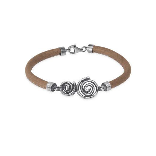 WB567X Pulsera Plata de Palo de cuero mujer con dos espirales circulares en plata de ley 925