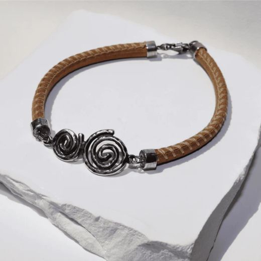 WB567X Pulsera Plata de Palo de cuero mujer con dos espirales circulares en plata de ley 925