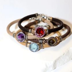 WB568X Pulsera Plata de Palo Mujer Sienna en Plata de ley con circonitas granate y cuero