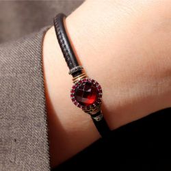 WB568X Pulsera Plata de Palo Mujer Sienna en Plata de ley con circonitas granate y cuero