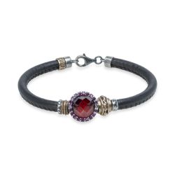 WB568X Pulsera Plata de Palo Mujer Sienna en Plata de ley con circonitas granate y cuero