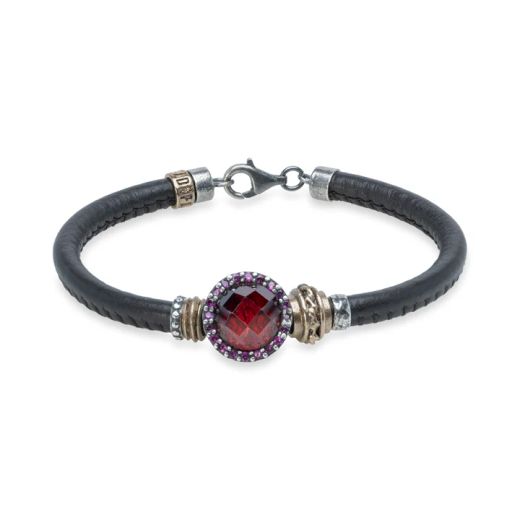 WB568X Pulsera Plata de Palo Mujer Sienna en Plata de ley con circonitas granate y cuero