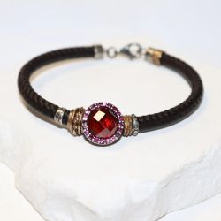 WB568X Pulsera Plata de Palo Mujer Sienna en Plata de ley con circonitas granate y cuero