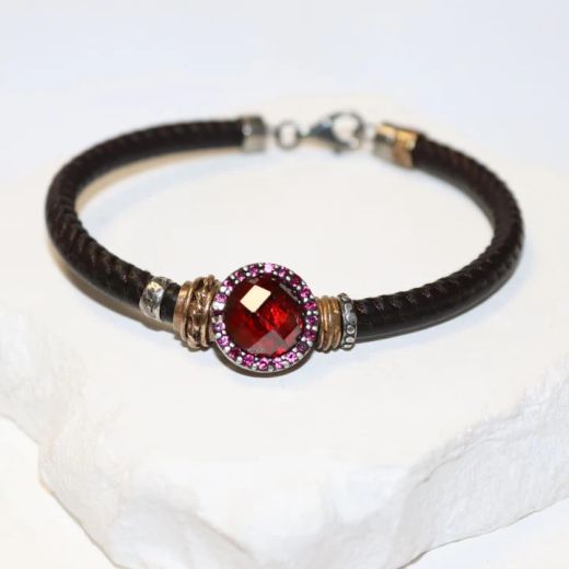 WB568X Pulsera Plata de Palo Mujer Sienna en Plata de ley con circonitas granate y cuero