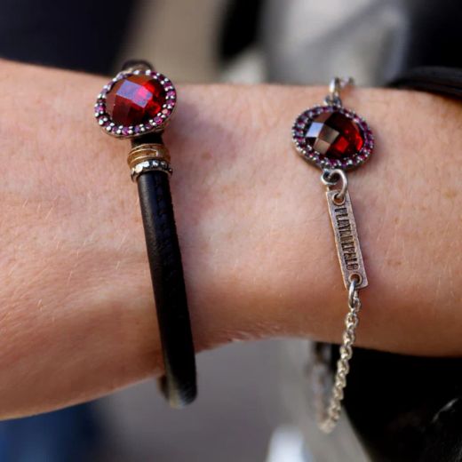 WB568X Pulsera Plata de Palo Mujer Sienna en Plata de ley con circonitas granate y cuero