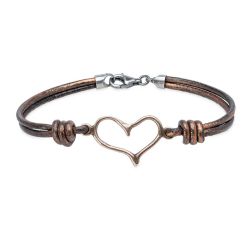 WB577X Pulsera PLATA DE PALO corazón de Mujer de Bronce y Cuero