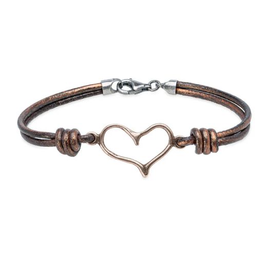 WB577X Pulsera PLATA DE PALO corazón de Mujer de Bronce y Cuero