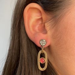 WE184X Pendientes Plata de Palo mujer de plata y bronce con circonitas y cabujón rosa