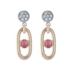 WE184X Pendientes Plata de Palo mujer de plata y bronce con circonitas y cabujón rosa