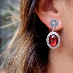 WE278X Pendientes PLATA DE PALO Mujer Kurai de plata 925 y piedra granate rojo vino
