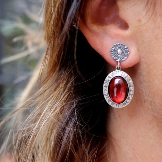 WE278X Pendientes PLATA DE PALO Mujer Kurai de plata 925 y piedra granate rojo vino