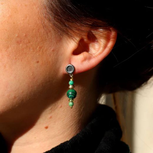 Pendientes PLATA DE PALO de mujer WE296X de plata, malaquita y bronce