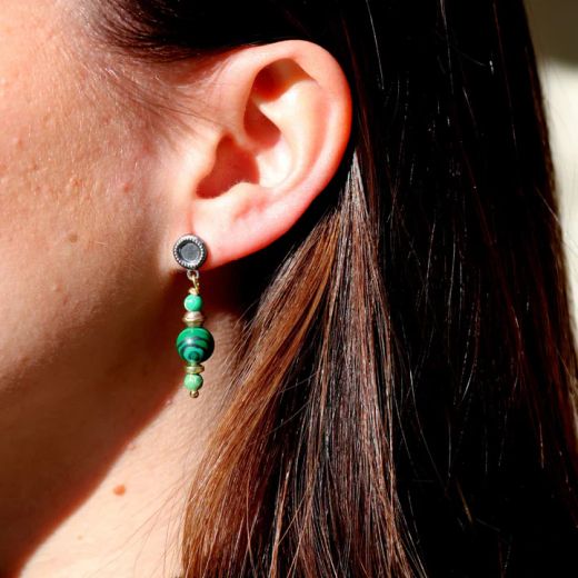 Pendientes PLATA DE PALO de mujer WE296X de plata, malaquita y bronce