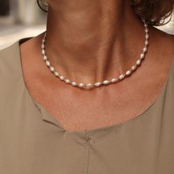 WN199X Collar PLATA DE PALO Halina de perlas para mujer y bolas de hematites doradas