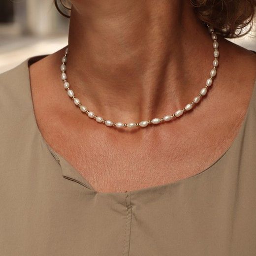 WN199X Collar PLATA DE PALO Halina de perlas para mujer y bolas de hematites doradas