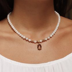 WN201X Collar para mujer PLATA DE PALO modelo Kabira de perlas y cuarzo fumé