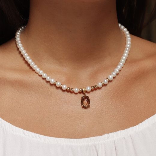 WN201X Collar para mujer PLATA DE PALO modelo Kabira de perlas y cuarzo fumé