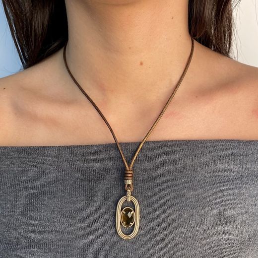 WN210X Collar PLATA DE PALO mujer en bronce y cuarzo fumé facetado en cuero