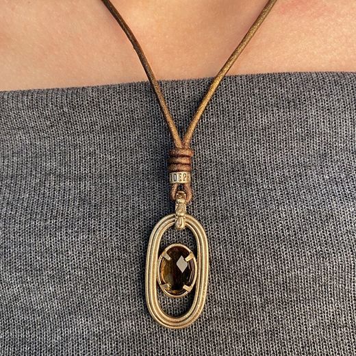 WN210X Collar PLATA DE PALO mujer en bronce y cuarzo fumé facetado en cuero