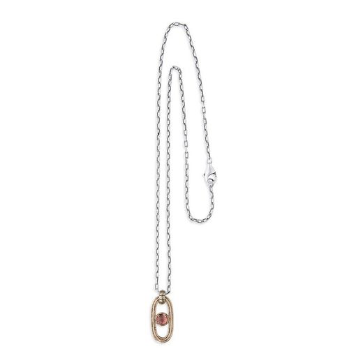 WN213X Collar PLATA DE PALO de mujer cadena chapada en plata de 1ª ley de 10 micras con eslabón en bronce y cabujón en color rosa