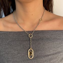WN216X Collar PLATA DE PALO de mujer que destaca por su eslabón colgante en bronce y cuarzo fumé facetado