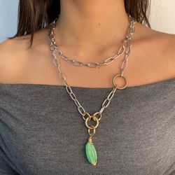 WN221X Collar Plata de Palo mujer en plata de ley aros de bronce y pieza de cristal color verde