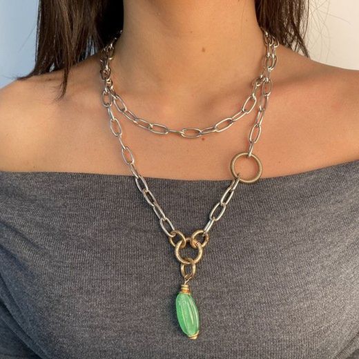 WN221X Collar Plata de Palo mujer en plata de ley aros de bronce y pieza de cristal color verde