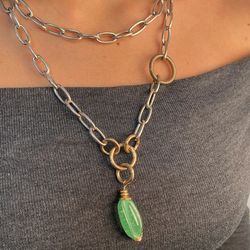 WN221X Collar Plata de Palo mujer en plata de ley aros de bronce y pieza de cristal color verde