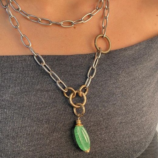 WN221X Collar Plata de Palo mujer en plata de ley aros de bronce y pieza de cristal color verde