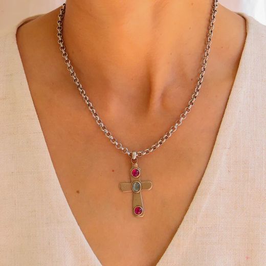 WN229X Collar PLATA DE PALO motivo cruz chapado en plata de ley 925 modelo Coralia