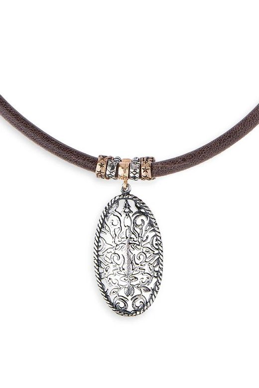 WN237X Colgante Dorita Plata de Palo de mujer en plata de ley forma oval formando una cenefa cuero elegante y moderno