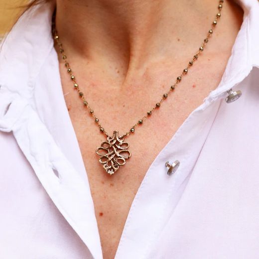 WN240X Collar Pirita PLATA DE PALO de mujer interesante rosario colgante con cenefas de bronce super original