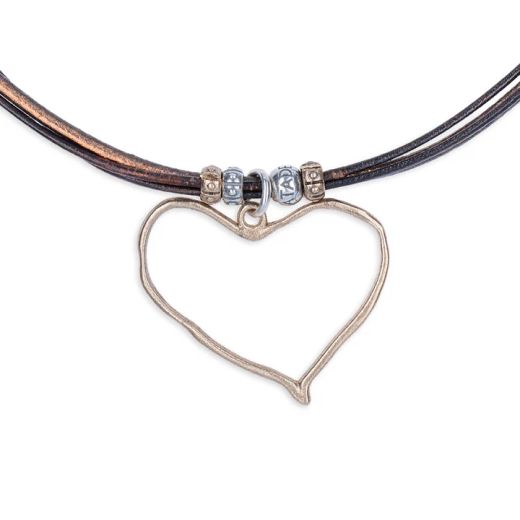 WN246B Collar corazón PLATA DE PALO Mujer colección Medina de Bronce y Cuero