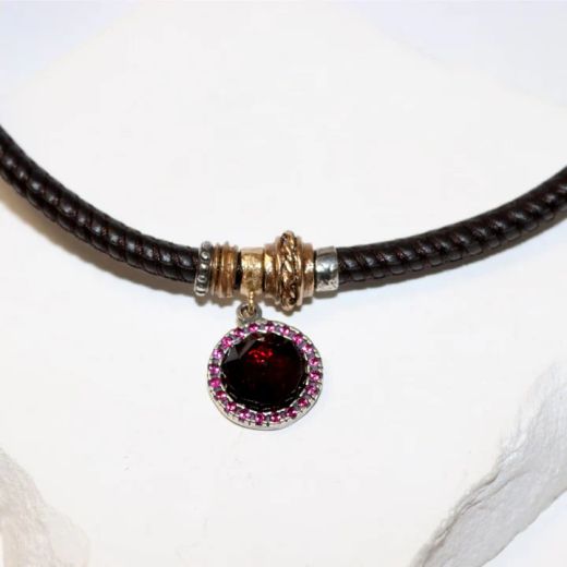 WN267X Collar PLATA DE PALO de mujer Sienna de Plata 925 con circonitas granate cuero