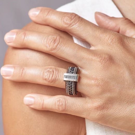 WR111X Anillo Plata de Palo para mujer de cuero con pasamanería negra